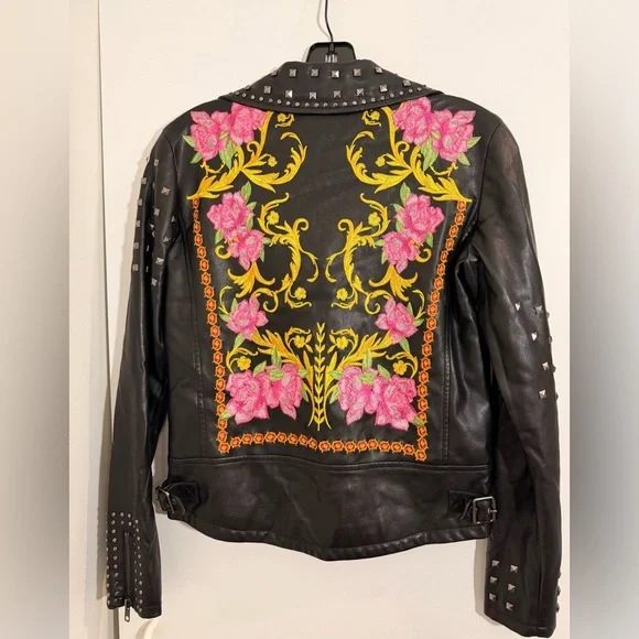 Silence + Noise Irina Embroidered Vegan Leather Moto Jacket XS - Picture 2 of 16